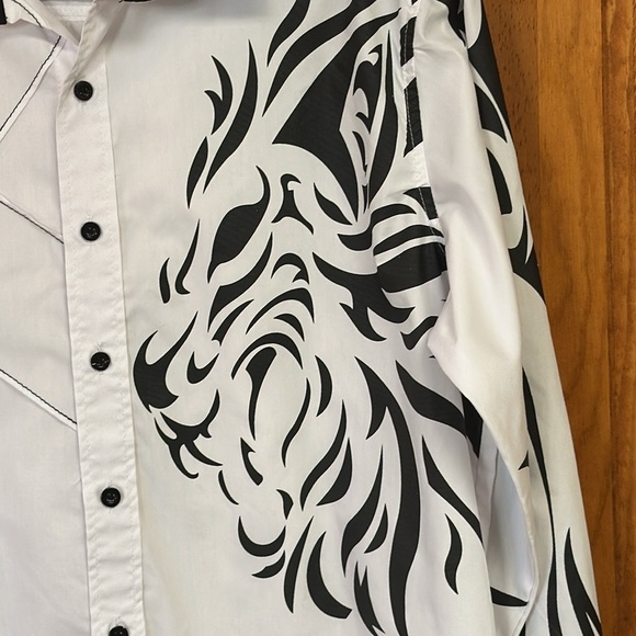 Jeansian White Black Lion Print Long-sleeved Button Up Casual Dressy Shirt L - Picture 3 of 8